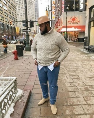 Tan Cable Sweater Outfits For Men: A tan cable sweater and blue ripped jeans make for the ultimate laid-back ensemble for today's gent. To give your outfit a classier twist, why not introduce beige suede chelsea boots to your outfit?