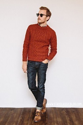Cable Sweater Outfits For Men: Pair a cable sweater with navy jeans to achieve a really sharp and current casual outfit. Finishing with a pair of tan leather oxford shoes is a surefire way to give a touch of polish to this look.