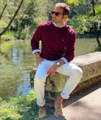 White Vertical Striped Long Sleeve Shirt Outfits For Men: A white vertical striped long sleeve shirt and white jeans married together are a match made in heaven. Complete this ensemble with tan suede boat shoes and you're all done and looking spectacular.