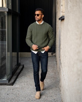 Navy Jeans Spring Outfits For Men: Keep it casual in this comfortable combo of an olive cable sweater and navy jeans. Feeling experimental today? Spruce up this ensemble by finishing off with beige suede chelsea boots. Keep this combination in your head when warmer days are here, and rest assured, you'll save a lot of time getting ready on more than one morning.