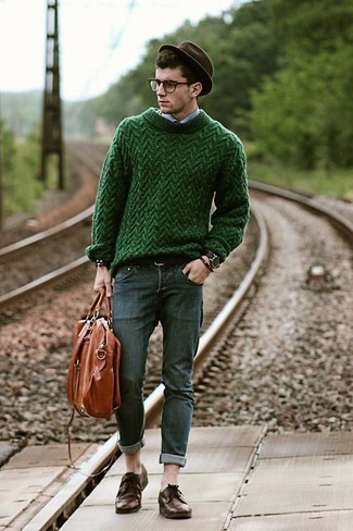 Men's Green Cable Sweater, Navy Jeans, Tan Leather Brogues | Men's Fashion