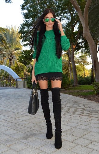 Women's Green Cable Sweater, Black Lace Mini Skirt, Black Suede Over The Knee Boots, Black Leather Tote Bag