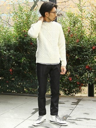 Men's White Cable Sweater, White and Black Vertical Striped Short Sleeve Shirt, Black Chinos, White Canvas High Top Sneakers