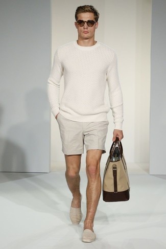 Men's White Cable Sweater, Beige Shorts, Beige Canvas Espadrilles, Tan Canvas Tote Bag