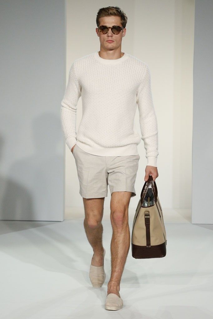 Men's White Cable Sweater, Beige Shorts, Beige Canvas Espadrilles, Tan ...