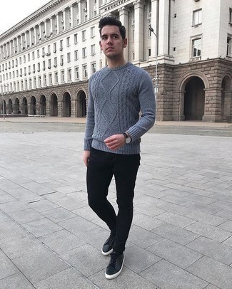 Grey Cable Knit Muscle Fit Sweater