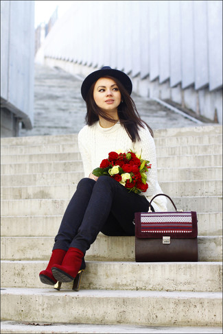 Women's White Cable Sweater, Navy Snake Skinny Pants, Red Suede Ankle Boots, Burgundy Leather Satchel Bag