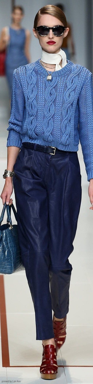 Women's Blue Cable Sweater, Navy Leather Wide Leg Pants, Red Leather Gladiator Sandals, Blue Snake Leather Satchel Bag
