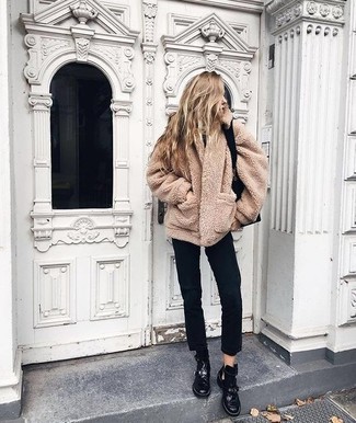Lace-up Flat Boots Outfits For Women: If you don't like trying too hard outfits, pair a camel fleece coat with black jeans. Let your styling chops really shine by finishing your outfit with lace-up flat boots.