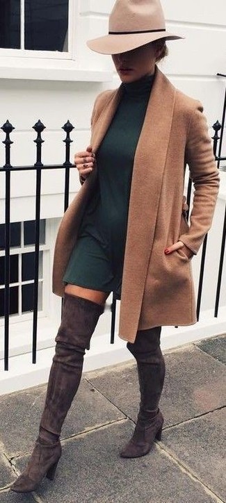 500+ Dressy Chill Weather Outfits For Women: A camel coat and a dark green swing dress are a savvy look worth having in your daily casual collection. Introduce dark brown suede over the knee boots to your outfit and the whole getup will come together brilliantly.