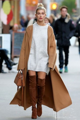 Hailey Baldwin wearing Camel Coat, Grey Sweater Dress, Brown Suede Over The Knee Boots, Brown Leather Crossbody Bag