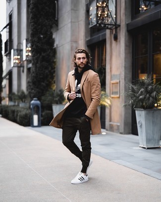 Men's Camel Overcoat, Black and White Print Hoodie, Dark Green Cargo Pants, White and Black Leather Low Top Sneakers