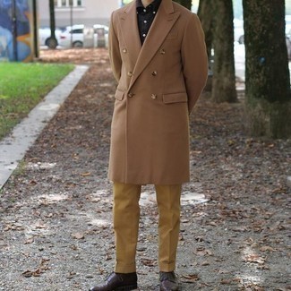 Beige Chinos Chill Weather Outfits: A camel overcoat and beige chinos paired together are a wonderful match. If you want to easily lift up your ensemble with footwear, why not add a pair of dark brown leather derby shoes to the mix?