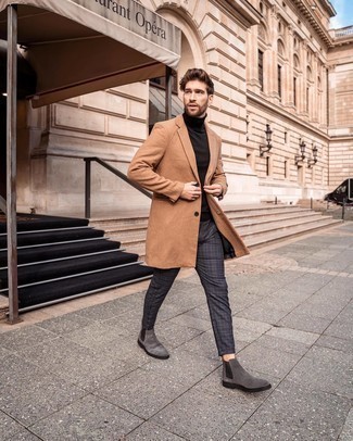 Camel Overcoat Outfits: This pairing of a camel overcoat and charcoal plaid chinos is a real life saver when you need to look on-trend but have no extra time to dress up. For something more on the smart side to finish your outfit, add grey suede chelsea boots.