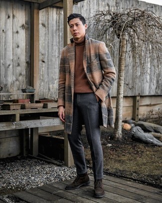 Men's Camel Plaid Overcoat, Brown Knit Wool Turtleneck, Charcoal Wool Chinos, Dark Brown Suede Casual Boots