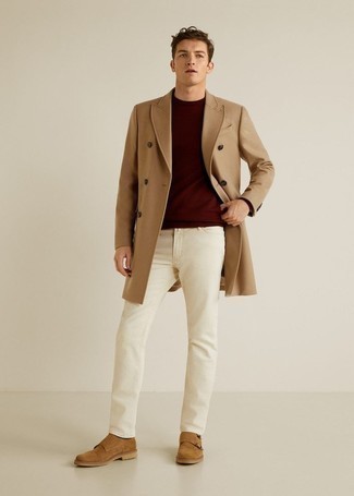 Camel Overcoat Fall Outfits: This combination of a camel overcoat and beige jeans is the perfect base for an outfit. Take a dressier approach with shoes and complement your outfit with tan suede double monks. There's no nicer way to brighten up a bleak fall afternoon than a neat outfit like this one.