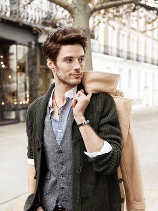Olive Cardigan Outfits For Men: Reach for an olive cardigan and a camel overcoat and you'll exude elegance and refinement.