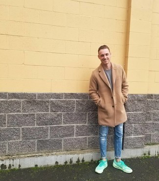 Mint Athletic Shoes Outfits For Men: For a relaxed getup, reach for a camel overcoat and blue ripped jeans — these two pieces go nicely together. Have some fun with things and add a pair of mint athletic shoes to this ensemble.