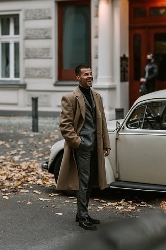 Grey Wool Suit Cold Weather Outfits: A grey wool suit and a camel overcoat are a smart combination that will earn you a great deal of attention. For something more on the daring side to finish off your ensemble, introduce black leather derby shoes to your look.