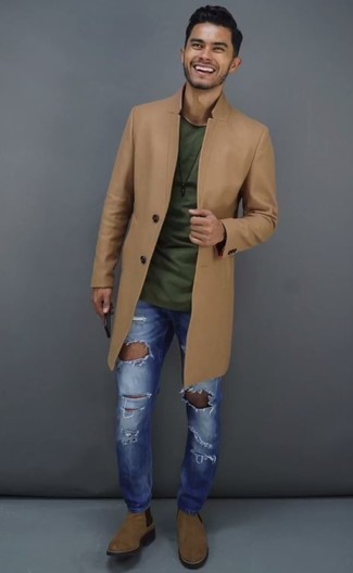 Navy Ripped Jeans Outfits For Men: This off-duty combination of a camel overcoat and navy ripped jeans is very easy to put together without a second thought, helping you look amazing and prepared for anything without spending too much time going through your wardrobe. Avoid looking too casual by finishing with a pair of tan suede chelsea boots.