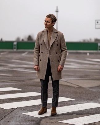 Camel Herringbone Overcoat Outfits: Loving how this combination of a camel herringbone overcoat and charcoal wool dress pants instantly makes men look classy and dapper. Kick up your whole outfit by sporting a pair of brown suede chelsea boots.