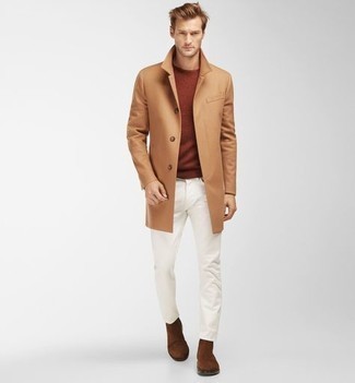 Brown Suede Chelsea Boots Outfits For Men: For an ensemble that's super straightforward but can be styled in a multitude of different ways, marry a camel overcoat with white jeans. A pair of brown suede chelsea boots easily ramps up the classy factor of this ensemble.
