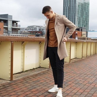 Men's Camel Overcoat, Tobacco Crew-neck T-shirt, Black Check Chinos, White Athletic Shoes