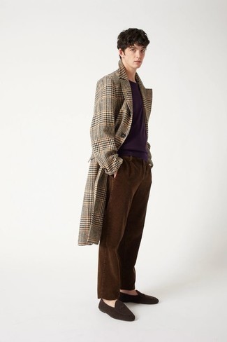 Dark Brown Suede Loafers Outfits For Men: Such pieces as a camel houndstooth overcoat and dark brown corduroy chinos are an easy way to introduce a touch of manly sophistication into your day-to-day rotation. A trendy pair of dark brown suede loafers is an effortless way to breathe a hint of class into this outfit.
