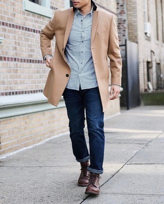Men's Camel Overcoat, White and Navy Gingham Long Sleeve Shirt, Navy Jeans, Dark Brown Leather Casual Boots