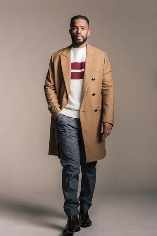 Men's Camel Overcoat, White and Red Crew-neck Sweater, Grey Cargo Pants, Black Leather Chelsea Boots