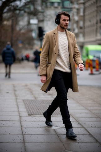 White Cable Sweater Outfits For Men: Go for a white cable sweater and black chinos for a comfortable outfit that's also put together. Avoid looking too casual by finishing with black leather chelsea boots.