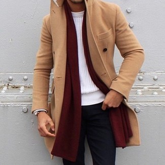 Red Scarf Outfits For Men: A camel overcoat and a red scarf are awesome menswear items to have in your day-to-day wardrobe.