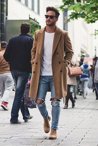 Men's Camel Overcoat, White Crew-neck T-shirt, Light Blue Ripped Jeans, Tan Suede Chelsea Boots