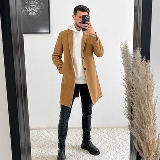 Men's Camel Overcoat, White Hoodie, Charcoal Jeans, Black Leather Chelsea Boots