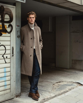 Camel Houndstooth Overcoat Outfits: Putting together a camel houndstooth overcoat and navy jeans is a surefire way to inject your wardrobe with some masculine elegance. Slip into dark brown suede casual boots and ta-da: the outfit is complete.
