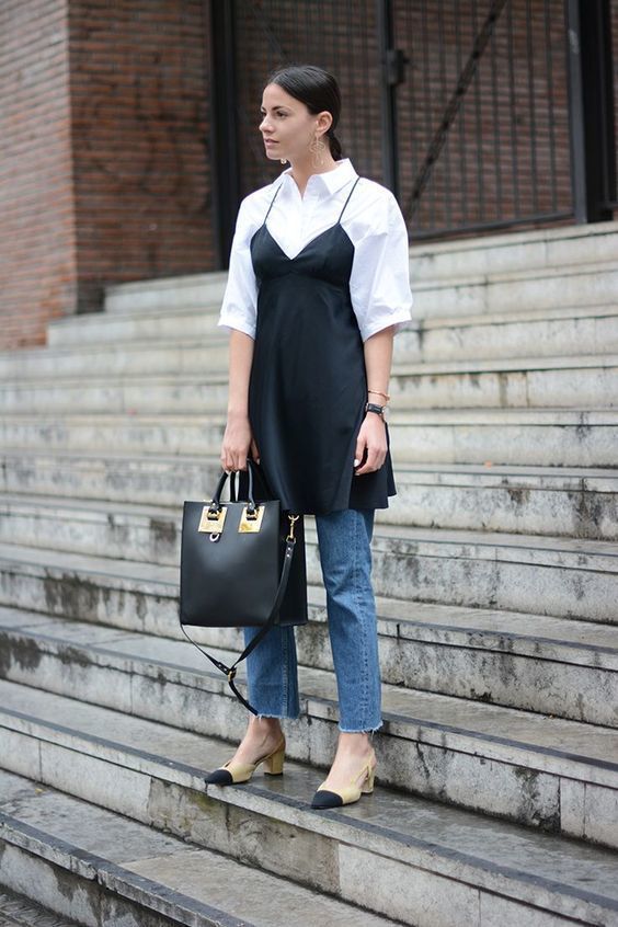 Women's Black Silk Cami Dress, White Short Sleeve Button Down