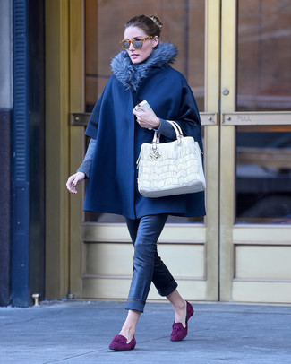 Olivia Palermo wearing Blue Cape Coat, Blue Crew-neck Sweater, Navy Leather Skinny Pants, Purple Suede Tassel Loafers