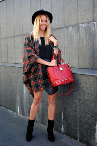 Women's Red and Navy Plaid Cape Coat, Black Sleeveless Top, Black Leather Mini Skirt, Black Leather Ankle Boots
