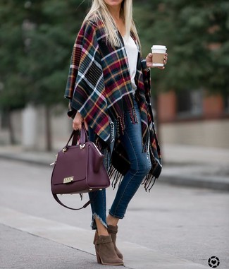 Women's Multi colored Plaid Cape Coat, White V-neck Sweater, Navy Skinny Jeans, Brown Suede Ankle Boots
