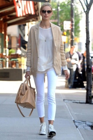 Karolina Kurkova wearing White Leather High Top Sneakers, White Capri Pants, White Crew-neck Sweater, Tan Blazer