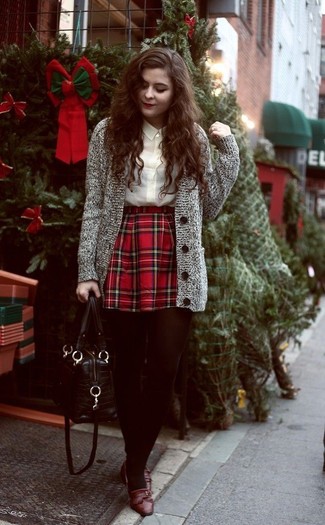 Grey Cardigan Outfits For Women: For an off-duty look, marry a grey cardigan with a red plaid skater skirt — these two items go perfectly well together. And if you need to instantly amp up your getup with footwear, why not complete this outfit with brown leather loafers?