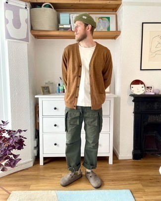 Men's Brown Cardigan, White Crew-neck T-shirt, Olive Cargo Pants, Grey Canvas Loafers