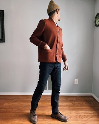 Dark Brown Cardigan Outfits For Men: Opt for a dark brown cardigan and navy chinos for comfort dressing with a twist. To introduce a little depth to this ensemble, introduce a pair of dark brown leather derby shoes to the equation.