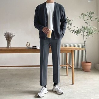 Charcoal Cardigan Outfits For Men: Effortlessly blurring the line between sharp and casual, this combination of a charcoal cardigan and charcoal chinos is bound to become one of your go-tos. To give this ensemble a more casual feel, complement your look with a pair of grey athletic shoes.