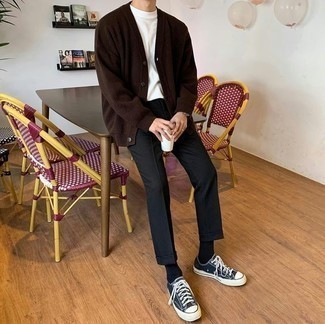 Men's Dark Brown Cardigan, White Crew-neck T-shirt, Black Chinos, Black and White Canvas Low Top Sneakers