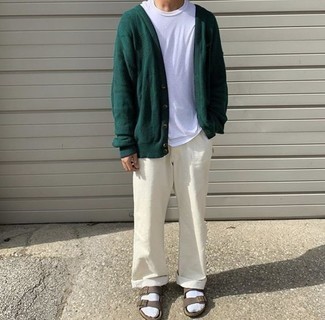 Brown Leather Sandals Outfits For Men: A dark green cardigan and beige chinos are a great combo worth incorporating into your day-to-day off-duty fashion mix. Loosen things up and introduce brown leather sandals to the equation.