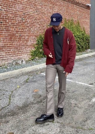 Tassel Loafers Outfits: This off-duty pairing of a burgundy cardigan and grey chinos is super easy to pull together in next to no time, helping you look dapper and prepared for anything without spending too much time going through your wardrobe. Complement your look with tassel loafers to switch things up.