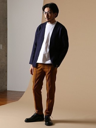 Men's Navy Cardigan, White Crew-neck T-shirt, Tobacco Chinos, Black Leather Derby Shoes