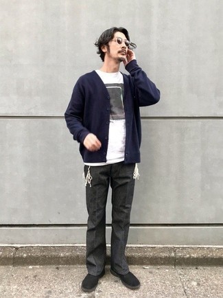 Men's Navy Cardigan, White and Black Print Crew-neck T-shirt, Charcoal Chinos, Black Suede Desert Boots