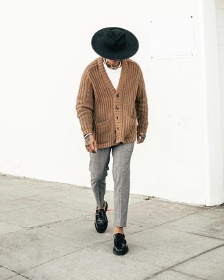 Black Hat Outfits For Men: This combo of a tan cardigan and a black hat is extremely easy to assemble and so comfortable to work all day long as well! Why not take a classic approach with footwear and complement your look with black leather tassel loafers?